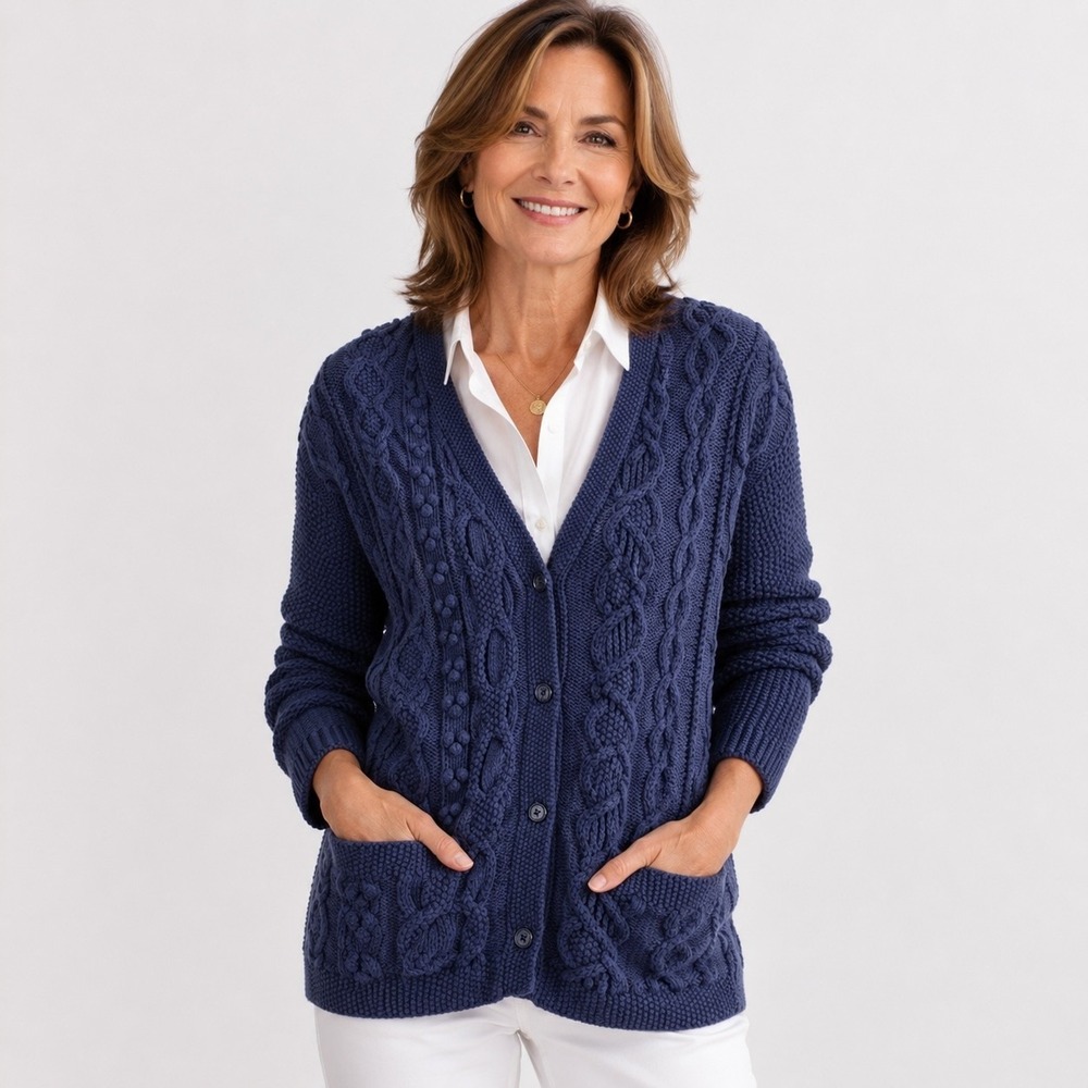 L.L. Bean Cable Knit Cardigan Sweater Womens L Blue Chunky Fisherman Cotton